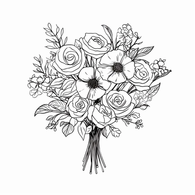 vector illustration, hand drawn, elegant floral bouquet with blossomed roses, silhouette, outline svg, clipart, roses wedding bouquet, all white background