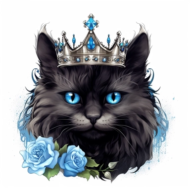 make a clipart of beautiful fairytale black fluffy cat, with a jeweled head crown, with a blue eyes, bright blue roses, contour, vector, white background