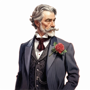 Handsome Victorian gentleman in a tailored waistcoat and coat, his gray hair perfectly combed and adorned with a small red rose lapel pin. His dignified presence and refined style are captivating. White background, clipart, watercolor, intricate detail.
