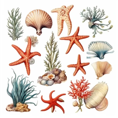 vintage nautical clipart, watercolors, sea life, beach, nautical wedding style, isolated on a white background,