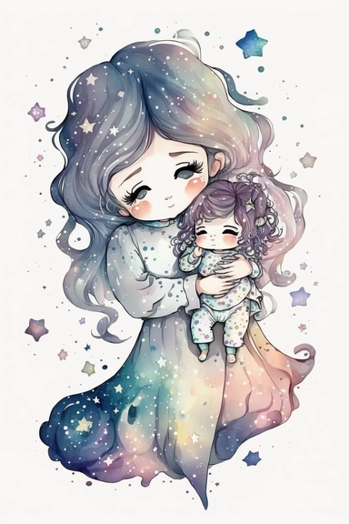 Illustration of chibi mother and baby with pastel galaxy stars, clipart image, watercolor, digital art, sharp edges, no shadow on background, white background