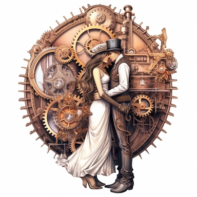 N the presence of a magnificent steampunk steam train, a couple embraces for their first kiss. The intricate clockwork mechanisms, ornate ironwork, and vintage charm create a captivating backdrop for their romantic moment. Ultra high quality, intricate detail, retro - futurism, pastel clipart, white background