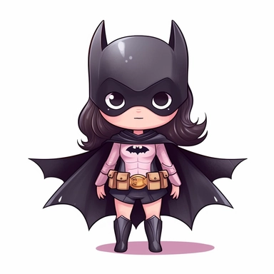 Character girl 5 years old Cartoon style simple illustration long hair minimalist eyes and confident smile is dressed in a beautiful black Batman costume with pink accents her boots pink are delicate her outfit is composed of a Batman shirt a black skirt and her black cape with pink details on her face is the Batman mask very delicate her hair is long and black Overall the character is well drawn chibi style on a white background 2 d watercolor on paper clip art