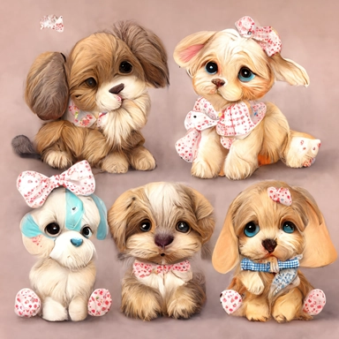 walt disney style, sweet cheerful pets with bows, soft toy look, clipart set