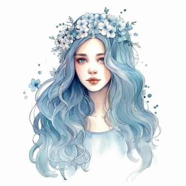 beautiful princess with long flowing hair and a crown of flowers, water color, illustration, white background, dusty blue, pastels, outlined, clipart