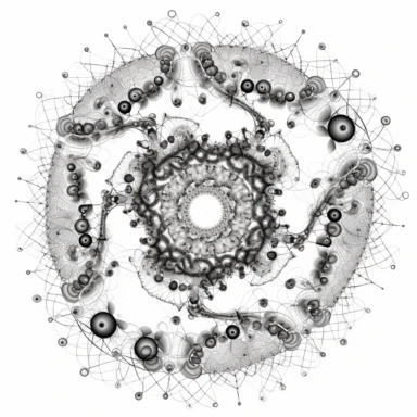 optical illusion of Spiraling fractal vortex of molecules, stylized disney cyberpunk 2077, style of the an illustrated celtic medieval manuscript on a white background, Molecule hexagon, goblin gremlin clipart - - niji