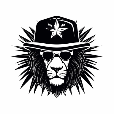 2D Black logo on a white background. Black lion man hybrid with hat and sunglasses. Stars. Palm Clipart. NO SHADING. KEEP THE LOGO SIMPLIFIED