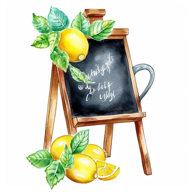 cute and vibrant clipart featuring pitcher lemonade in watercolor style, High Contrast, Blackboard, pastel art drawing on chalkboard with easel against white background