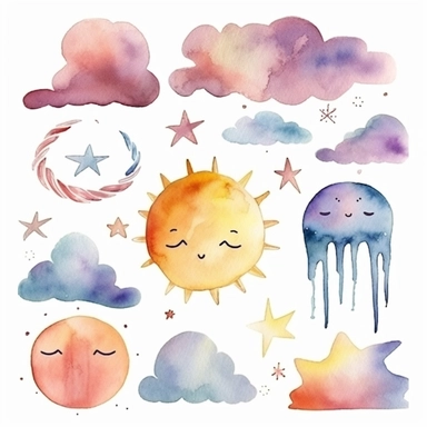 watercolor clipart graphics, weather theme, clouds, sun, rain, moon, wind, snow, lightning, sun, rainbow isolated elements