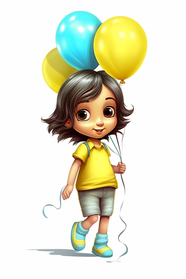 hp clipart,super cute 2 year old girl dressed in light summer clothes holding yellow balloons in his hand, big blue eyes, dark hair, on white background, vector , fully detailed, full body figure view