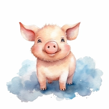 cute colorful pig with cloud clipart, for childish cards, detail, illustration style, high solution, Watercolor, on the white background, hd