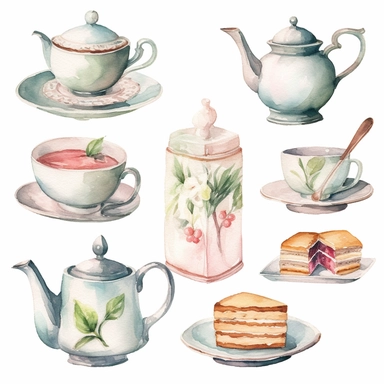 Watercolor vintage tea party items, illustrations clipart set, simple, soft colors, cartoon elements, different variants, teapot, sugar bowl, jug of milk, , stacked china plates, tongs, china cup and saucer,napkin, stacked teacups, ,silver knife, ,silver fork, ,silver spoon,napkin, place holders, separate elements with a margin