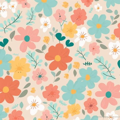 simple floral Pattern | GENRE: digital graphic clipart Art | EMOTION: cheerful | SCENE: A seamless pattern featuring simple digital graphic clipart art flowers in same sizes, with balanced negative space, in a peaceful and dreamy color palette | TAGS: doodle, floral, pattern, simple, cheerful | DESIGN ELEMENTS: Organic shames, bold textures, ample negative space | AESTHETIC: cheerful cartoon | COMPOSITION: Seamless, repeating pattern with a harmonious arrangement of elements and balanced negativ