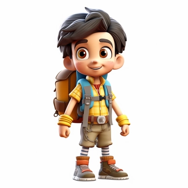 generate cute semi-realistic 3d adventurist little non-binary kid clipart, isolated on white background