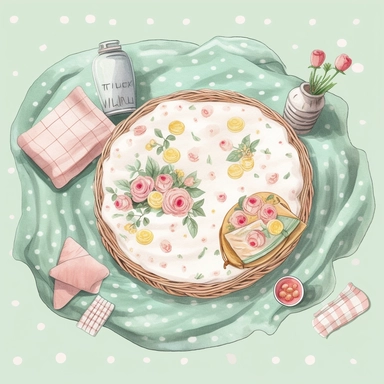 watercolor, hyper realistic, white background, white margins, 16k, ultra detailed clipart, cut out image, hand-drawn, whimsical a large picnic blanket with a charming polka dot pattern, perfect for a retro-inspired picnic. Soft mint green, dusty rose, and pale yellow