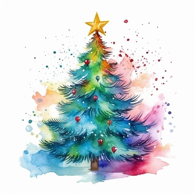 watercolor Christmas Tree clipart, vibrant colors,add glitter and light, on a white background