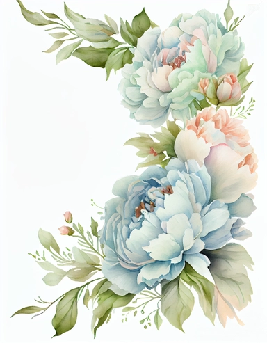 detailed watercolor pastel blue peony corner border , isolated on white background, realistic, clipart