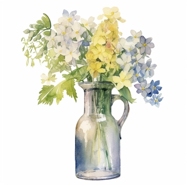 Design a dreamy watercolor clipart of Provence-inspired Hydrangeas, delphiniums, and chamomile flowers in a glass vase composition, hand-painted with soft and graceful brushstrokes. Draw inspiration from the artistic finesse of Ethereal Petals Watercolors for a refined and ethereal depiction. isolated on a white background, hand-drawn illustration, hand-painted watercolor texture, 16k UHD resolution, intricately detailed, sharp focal points, designed by Ana Victoria Calderon and Holly Exley, i c