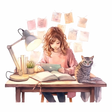 watercolor, hyper realistic, white background, white margins, 16k, ultra detailed clipart, cut out image, hand-drawn a girl working by a desk with a cat, a lamp and books, in the style of fairy kei, digital and glitchy, muted earth tones, light pink and dark brown, optical