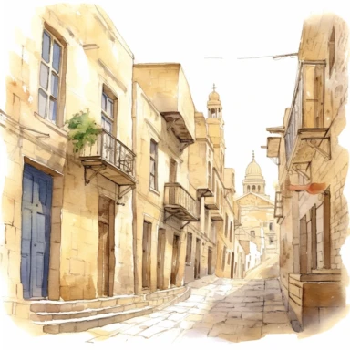 watercolor mardin town in turkiye, illustrations clipart set, simple, , cartoon elements ,different variants , historic stone houses,historic buildings, cobblestone lanes, tone facades of the buildings, Mardin's stone Alleyways separate elements with a margin