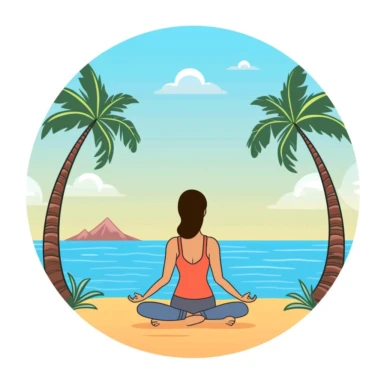 clipart cartoon style woman sitting in meditation posture on yoga mat under palm tree looking at the sea