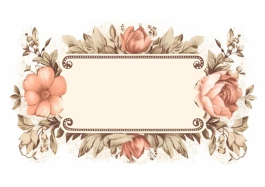 vintage inspired printable rectangle label with intricate sepia colored borders and hand drawn details. detailed with soft watercolor flowers. No text. Isolated clipart on solid white background