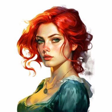 beautiful stunning pretty young woman as Triss from The witcher character, paint art style, clipart, white background, superrealistic, one of a kind