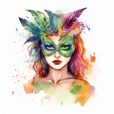 watercolor image of a beautiful woman wearing a Mardi gras mask, colorful, clipart vector sticker, white background, waist up