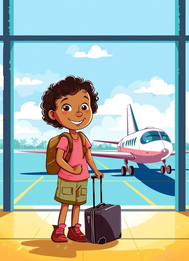 little mixed boy clipart explorer clipper clipart boy explorer, at the airport terminal looking at the airplanes through the window, in the style of modern day casual dress style for babies, use of a map of the world, a passport and luggage, lightbox, soggy, pattachitra, associated press photo, primitive structures