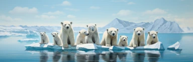 a line of cute miniature polar bear cubs on an iceberg, a collage of mixed media art made with tissue paper, magazine and newspaper clippings, oil paint, graphite pencil lines and fabric, in the style of playful surrealism, whimsical, washi tape
