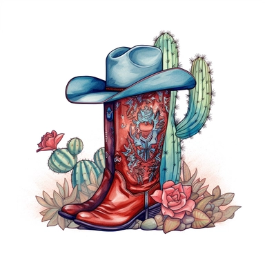 western, faded red and blue ,retro, cowgirl boots and cactus, boho vibe, feminine design, drawing, vintage , Develop an enchanting clipart illustration on a white isolated background vector, featuring an intricately cowgirl hat leaning against a magnificent cactus plant, luminous and atmospheric paintings, to create a composition that exudes tranquility and captures the beauty of the hat's connection with the desert environment, highlighting the intricate floral patterns against the arid backdro