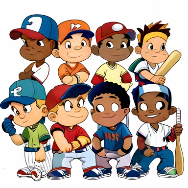 Create a picture of multiple cartoon baseball players showing off their skills, The players should be diverse in terms of their appearance, including skin color, hair style, and body type, clipart images, The image should be colorful and playful, with a white background, clip art, The 3rd render should showcase the excitement and energy of the scene