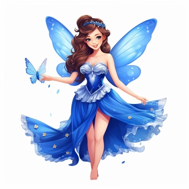 a beautiful smiling fairy girl holding a beautiful butterfly in her hands, royal blue dress, big fairy wings, lovely butterflies all around her, pixar style, full body image, clipart, white background