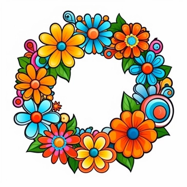 sticker, Groovy hippie 60s cute wreath, isolated flowers, Funny cartoon flower power clipart white background