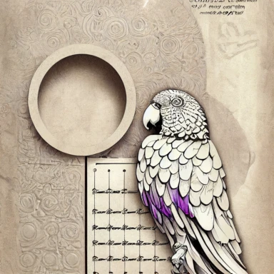 keyhole entrance on white background, instructional manuscript, sacred geometry embellishments, stone texture, marketing clipart detailed engravings, 1 colorful parrot holding rolled up scroll, halftone comic book illustration style