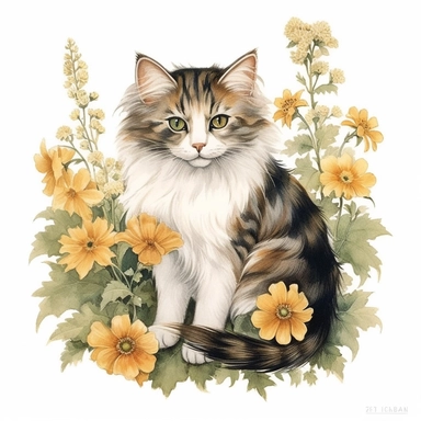 cat, flowers, vintage, retro, watercolor, clipart, white background, by Mark Catesby