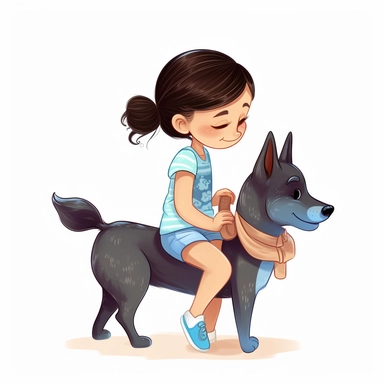 light skin toddler girl with black hair and blue dress riding a light-brown canaan dog drawn from their back in children's book style clipart