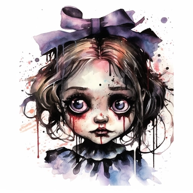 a headshot showing the scary face of a possessed doll, watercolor, ultra high-detail, dark outlines, clipart