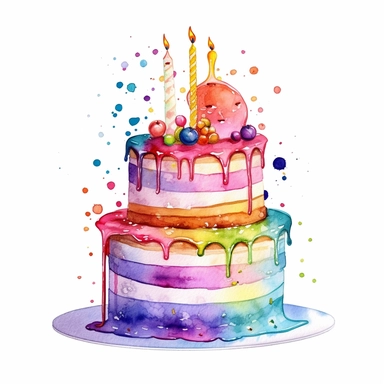 Watercolor happy birthday cake Clipart, white background, 8k