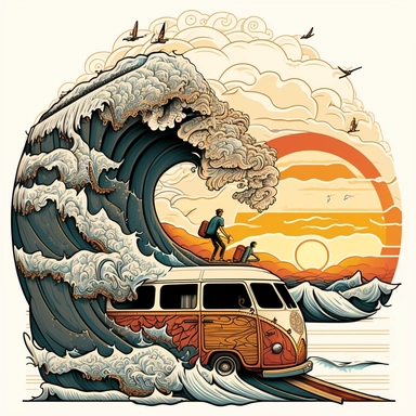 Visualize an exhilarating moment: a van conquering a towering wave, surfboards perfectly balanced, amidst a breathtaking sunset casting warm hues across the horizon, against a clean white backdrop, illustration style, white background, clipart, PNG pure white background, high resolution, hyper detailed, best quality, high detailed illustration