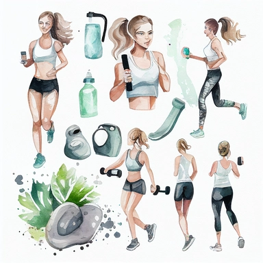 watercolor exercise cliparts, gym cliparts, exercising women clipart, healthy lifestyle clipart, white background