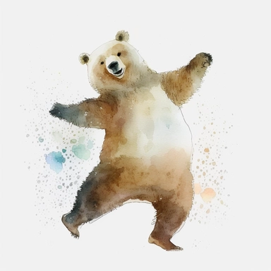 a cute dancing bear watercolor clipart, smiling, white background, animated, without texts