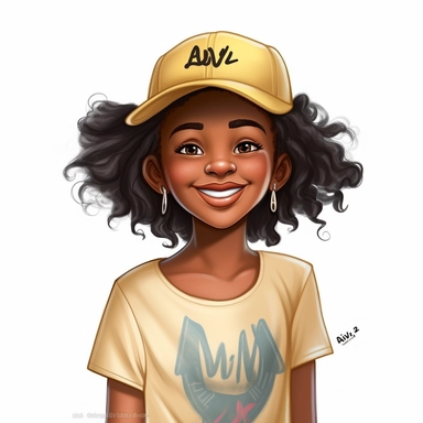 a drawing of a cheerful young little black girl wearing a baseball cap and tshirt, pretty summer sundress, black girl fantasy, cartoon illustrations, vector clipart, in the style of 32k uhd, lilia alvarado, walt disney, depictions of aristocracy, childlike, photorealistic details, white background