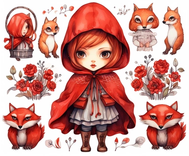 red riding hood clipart, vector art, clip art, clipart, in the style of claudia tremblay, birds & flowers, kawaii manga, realistic watercolors, dark white and light orange, eleanor fortescue-brickdale, isolated figures
