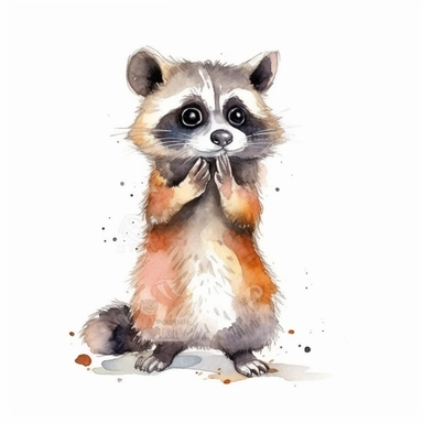 Cute adorable baby raccoon standing on its hind legs and begging for food, drawn with watercolors, childbook illustration style, clipart with white background