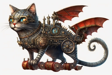 watercolor clipart, A beautiful cute steampunk cat made entirely of metal gears, cogs, and clockwork mechanisms, with glowing red eyes, ready to take flight on a steam-powered plane, hd, on white background,