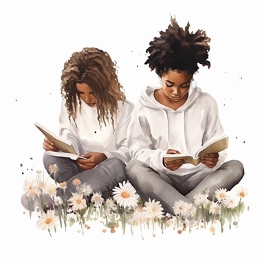 black, African American girls reading in a daisy field clipart, relaxed attired, messy buns, sweats watercolor style, hyper realistic, detailed, white background