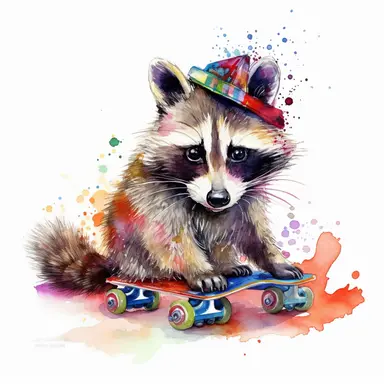 please create watercolor clipart of a raccoon smiling, wearing PARTY ROLLER SKATES, colorful, WHITE BACKGROUND