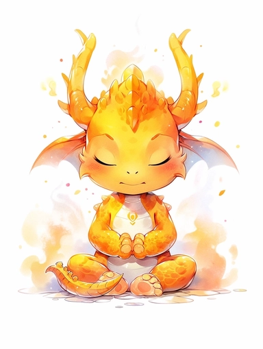 sparkling orange, black and yellow cute baby dragon with two horns and two wings and meditating peacefully, clipart, detailed watercolor style, white background