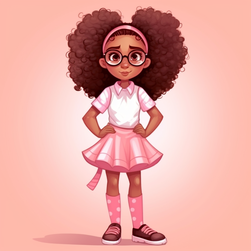 a cartoon confident 10 year old girl with beautiful curly afro hair in ...